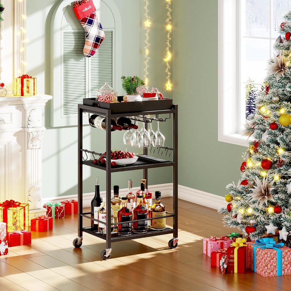 Bar Cart, with Wine Rack, Black, view 2