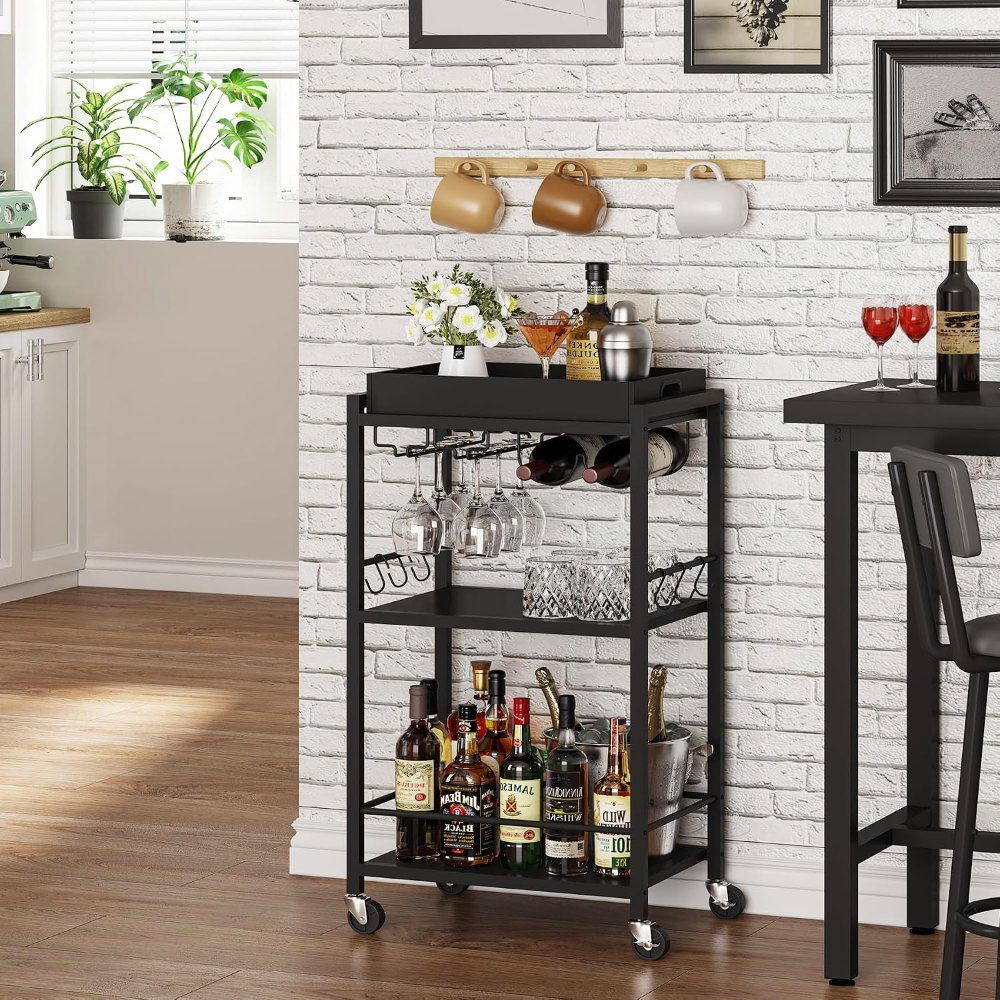 Bar Cart, with Wine Rack, Black, view 4