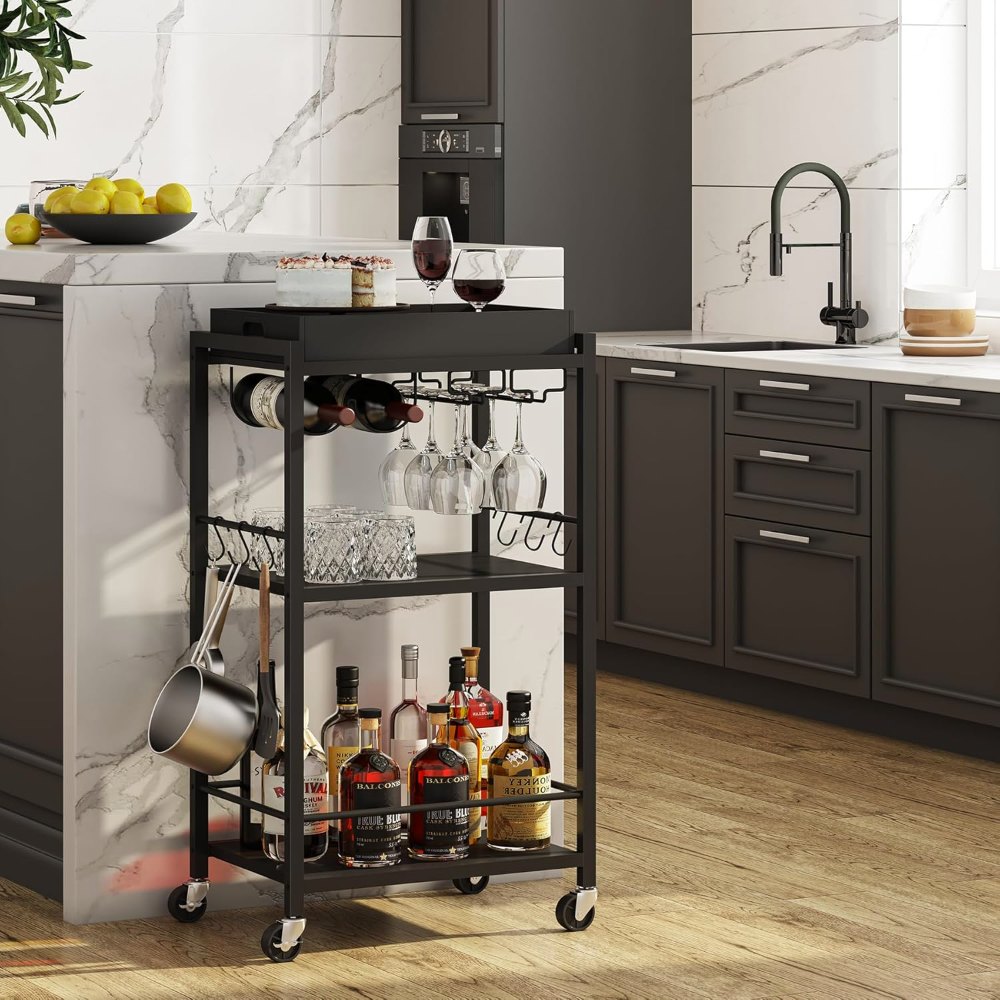 Bar Cart, with Wine Rack, Black, view 5