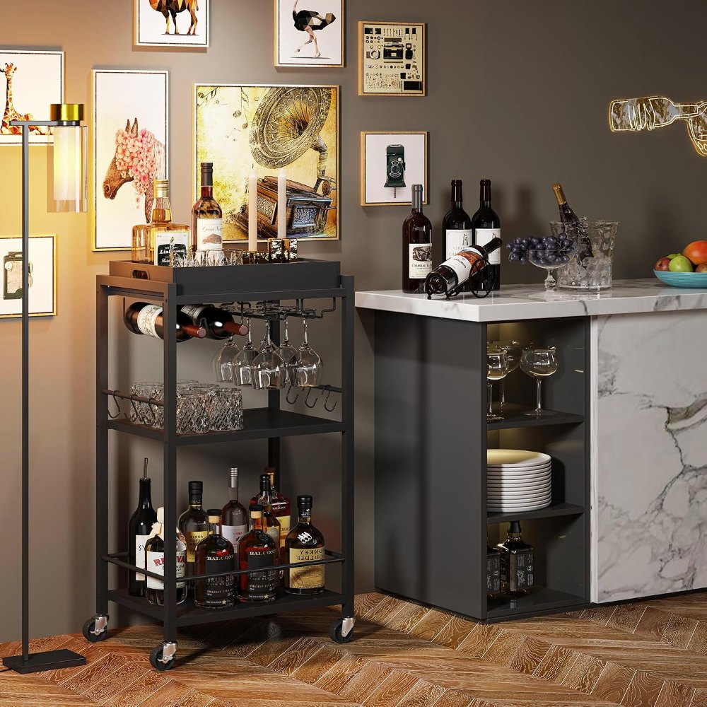 Bar Cart, with Wine Rack, Black, view 6