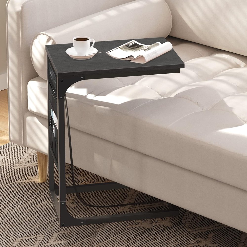C Shaped End Table, with Charging Station, Black, view 7