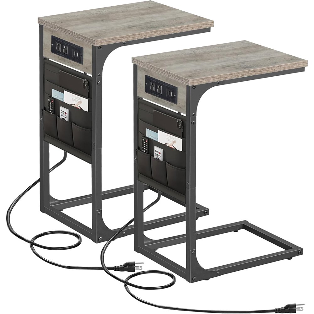C Shaped End Table, with Charging Station, Black, view 8