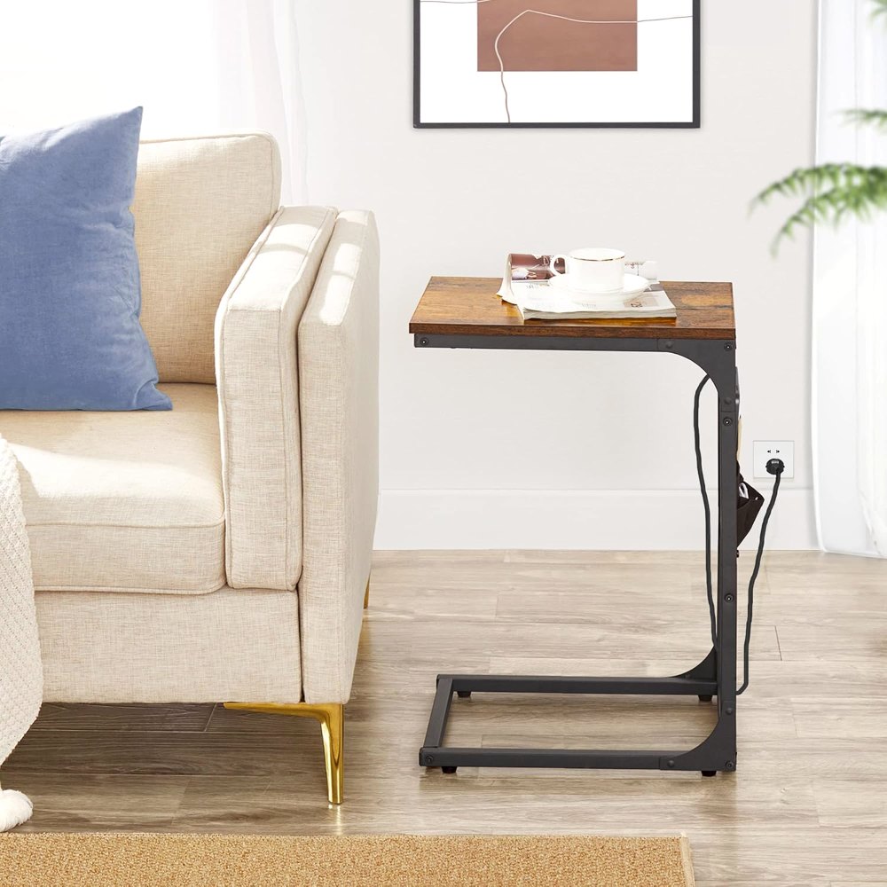 C Shaped End Table, with Charging Station, Brown, view 2