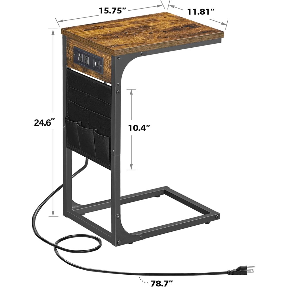 C Shaped End Table, with Charging Station, Brown, view 3