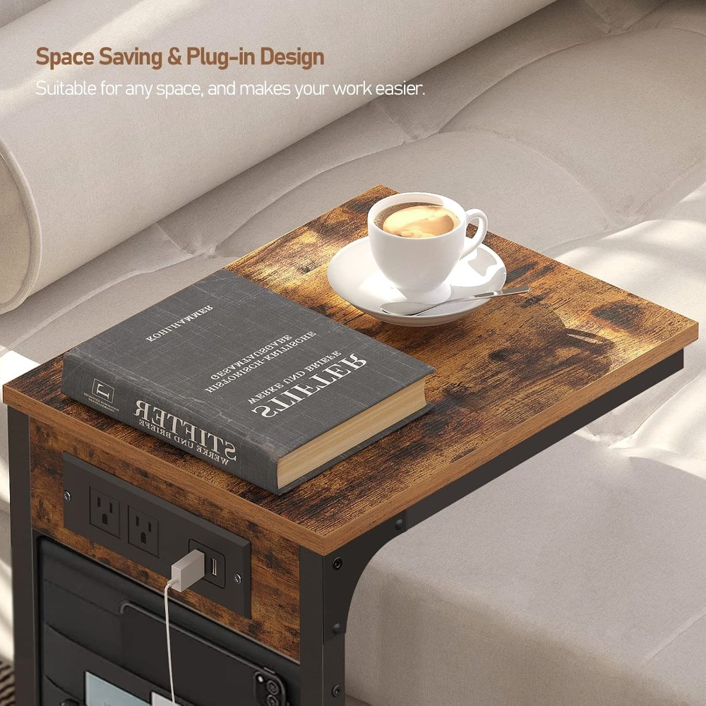 C Shaped End Table, with Charging Station, Brown, view 4