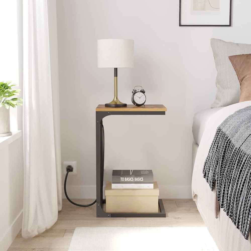 C Shaped End Table, with Charging Station, Brown, view 5