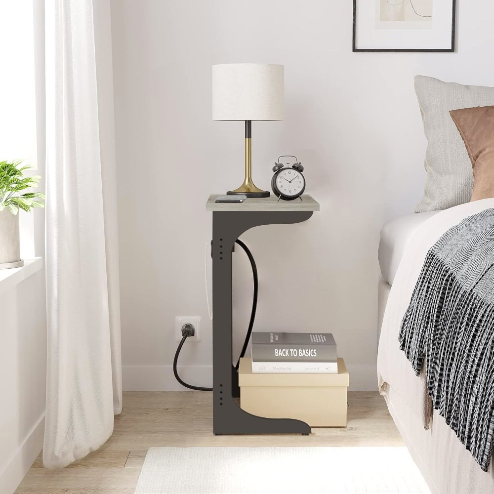 C Shaped End Table, with Charging Station, Greige, view 2