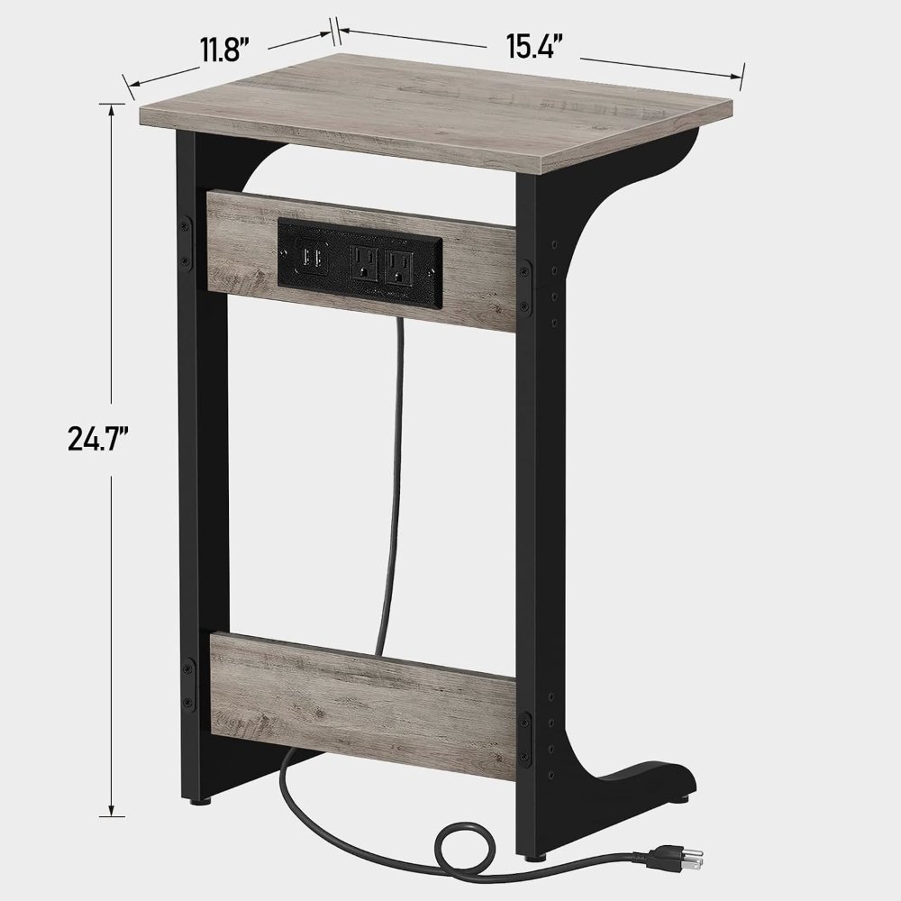 C Shaped End Table, with Charging Station, Greige, view 3