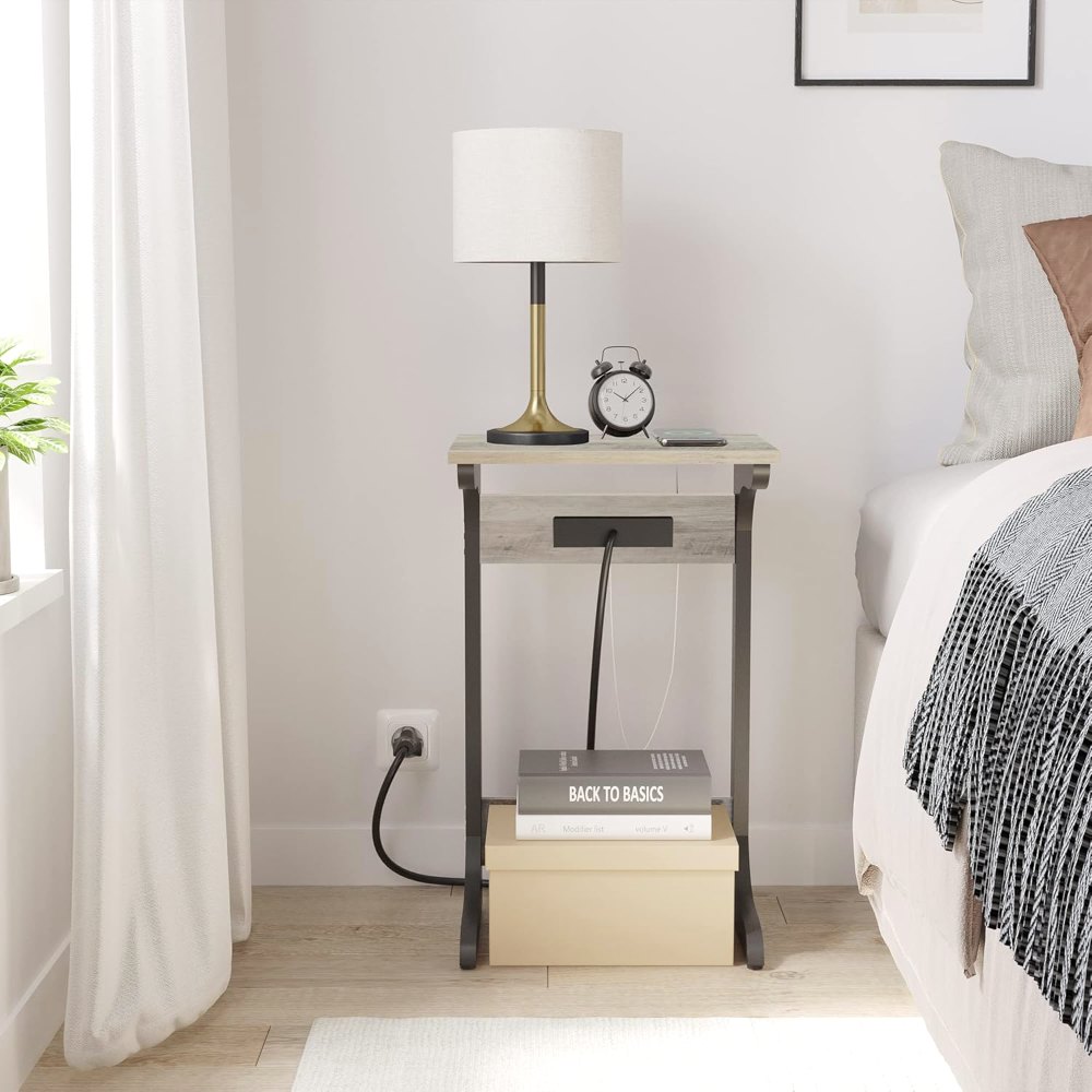 C Shaped End Table, with Charging Station, Greige, view 7