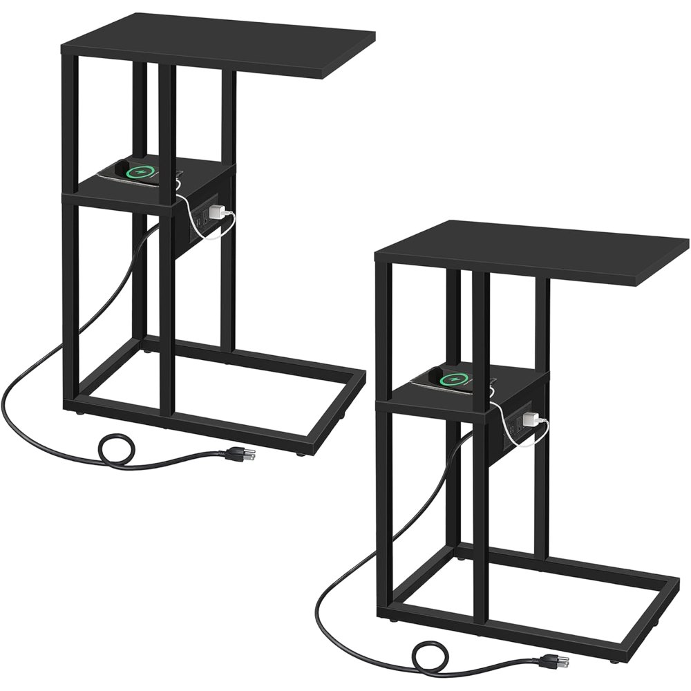 C Shaped End Table, with Charging Station, Greige, view 8