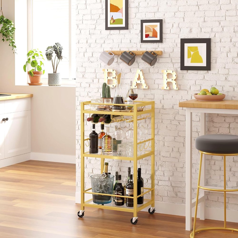 Gold Bar Cart, with Wine Rack, view 2