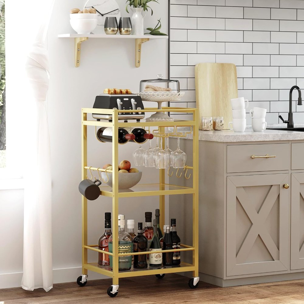 Gold Bar Cart, with Wine Rack, view 3