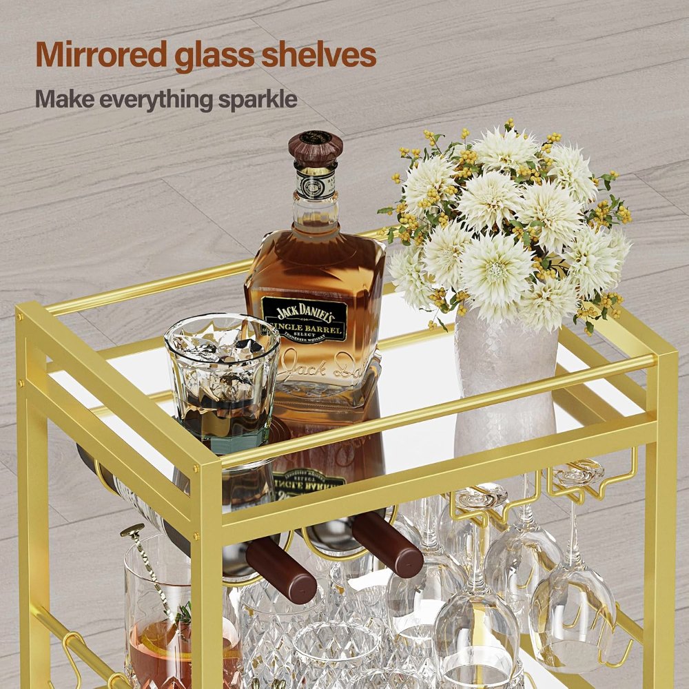 Gold Bar Cart, with Wine Rack, view 4