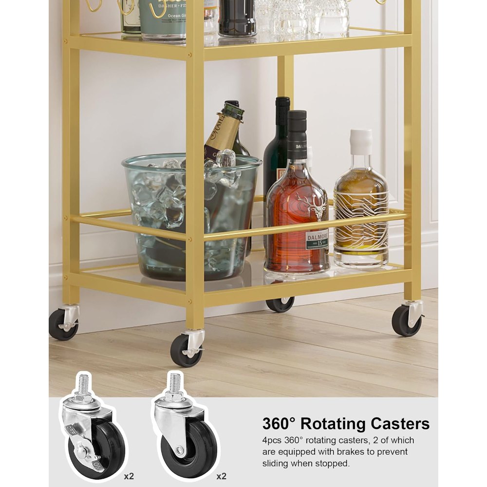 Gold Bar Cart, with Wine Rack, view 6