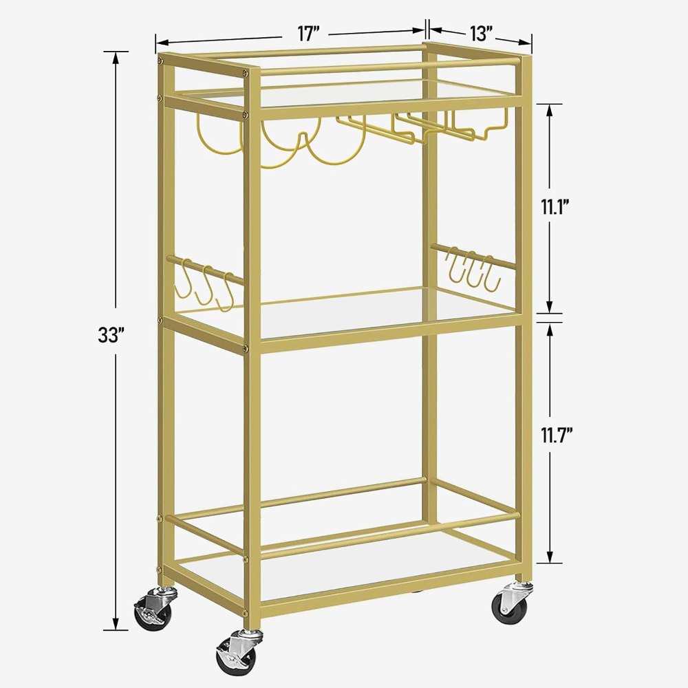 Gold Bar Cart, with Wine Rack, view 7