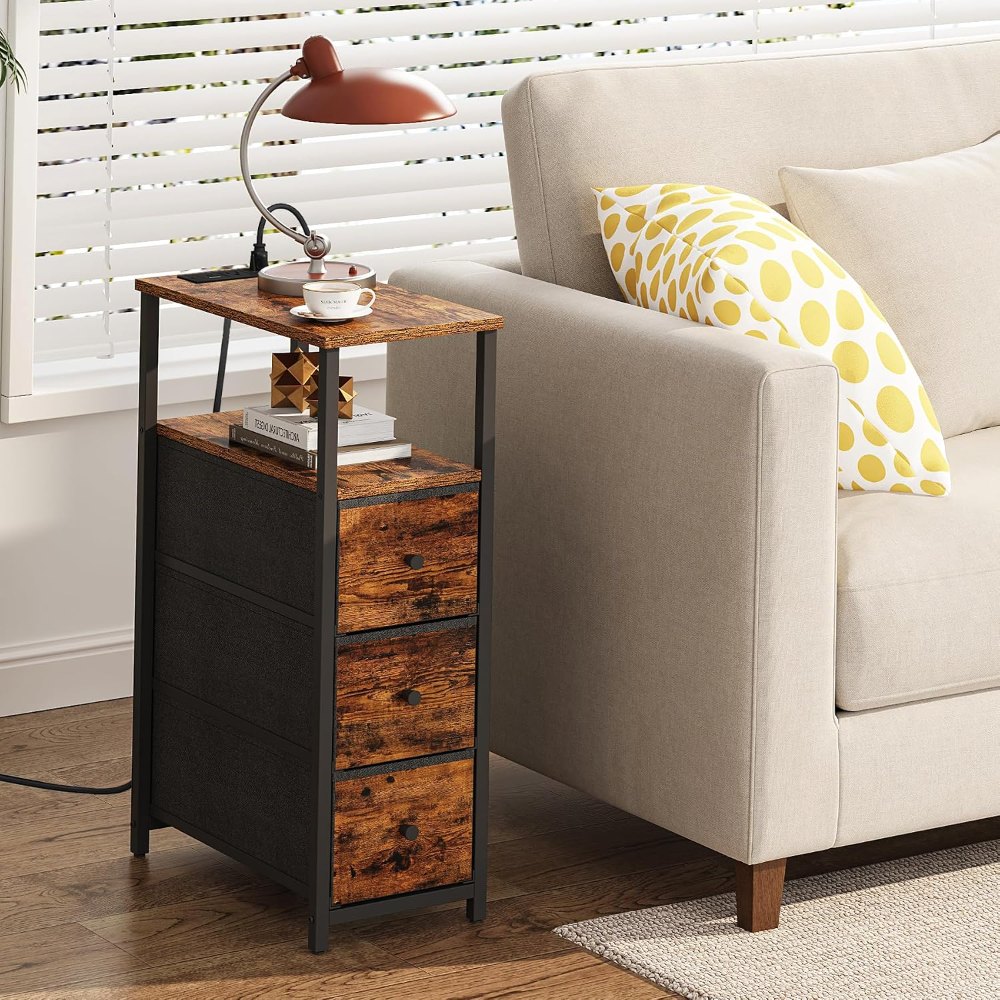 Narrow Night Stand, with Charging Station, Brown, view 2