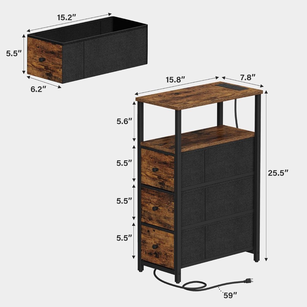 Narrow Night Stand, with Charging Station, Brown, view 3
