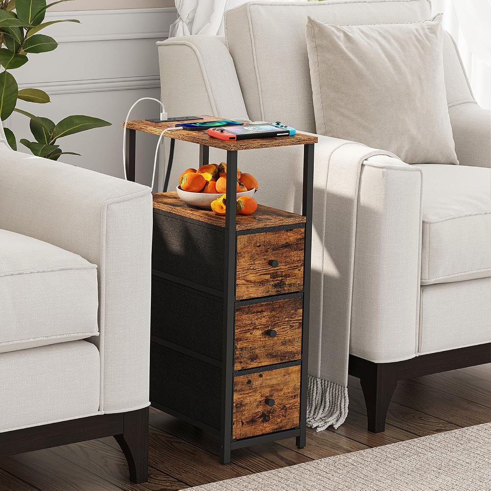 Narrow Night Stand, with Charging Station, Brown, view 4