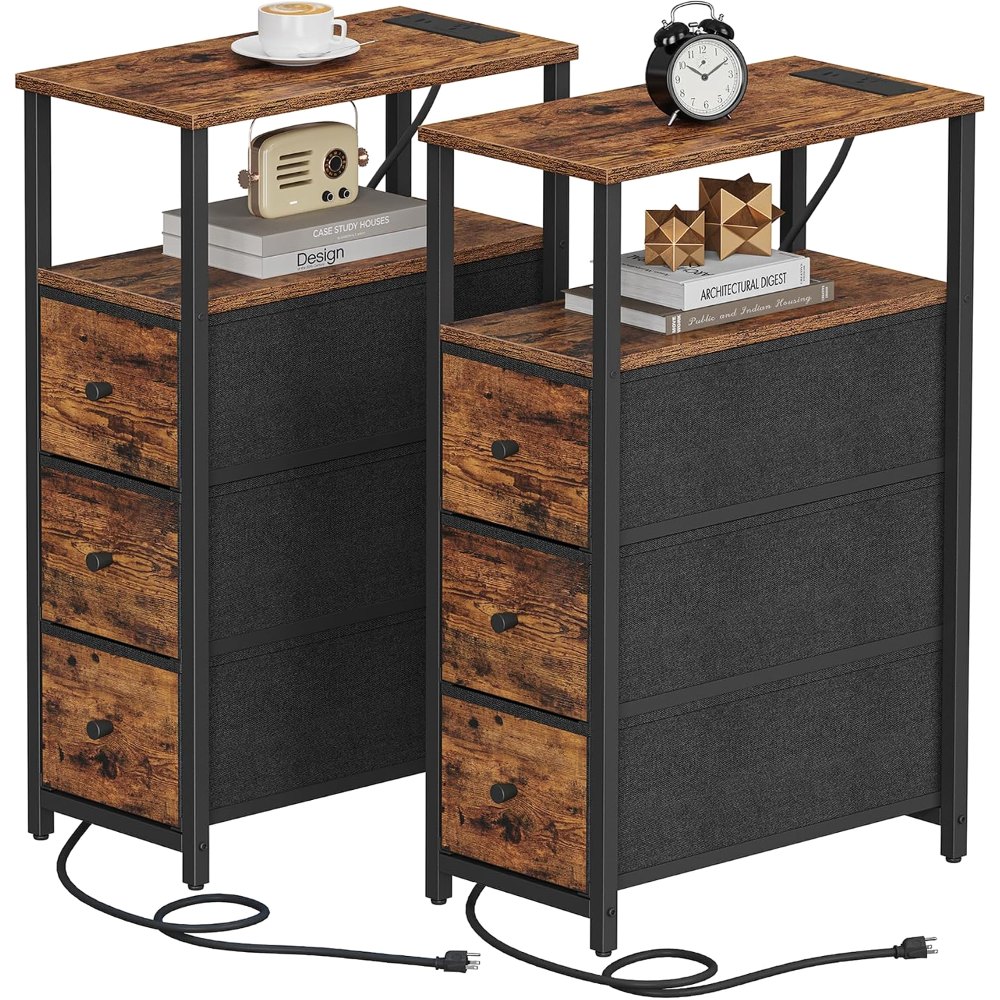 Narrow Night Stand, with Charging Station, Brown