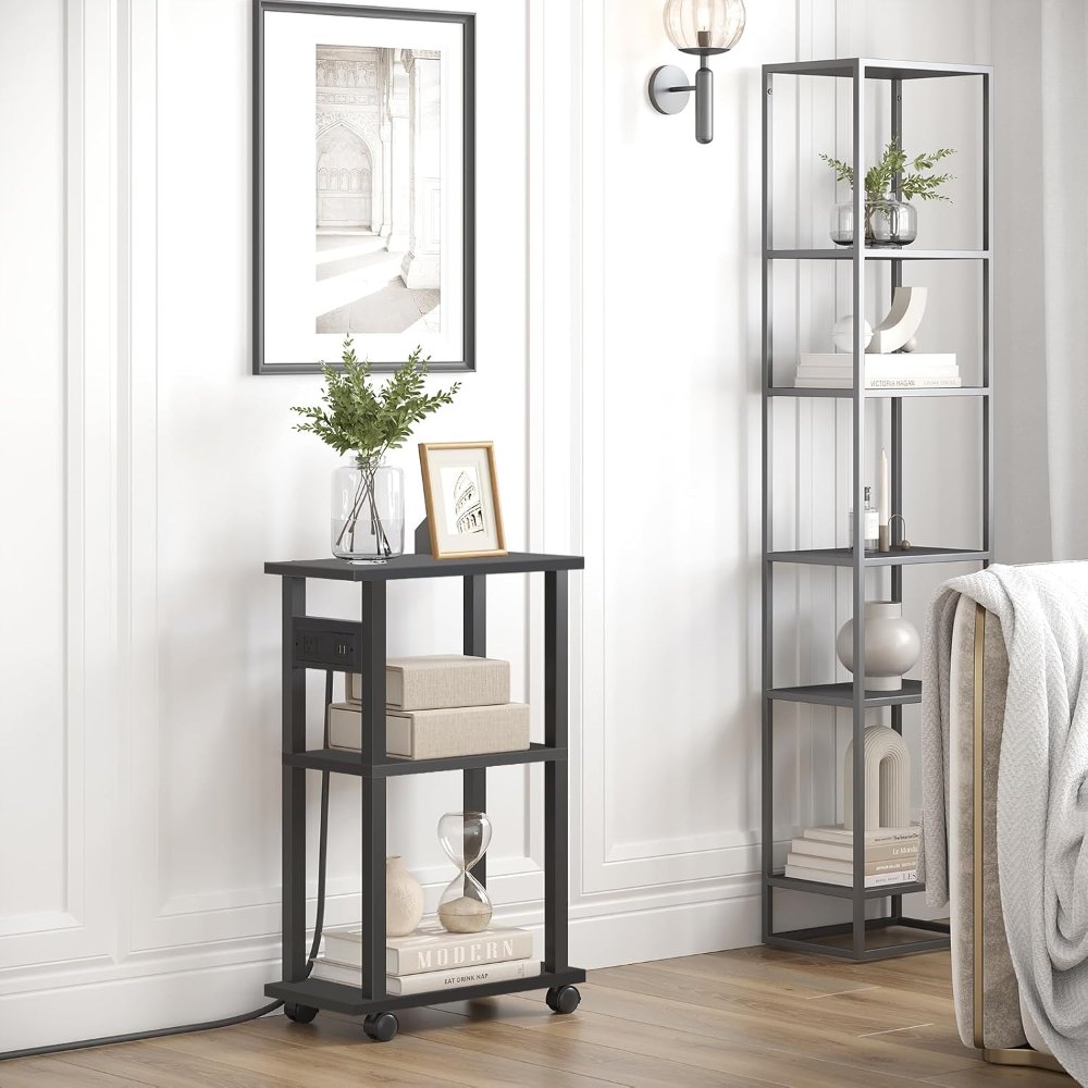 Small Narrow Side Table, with Charging Station, Black, view 2
