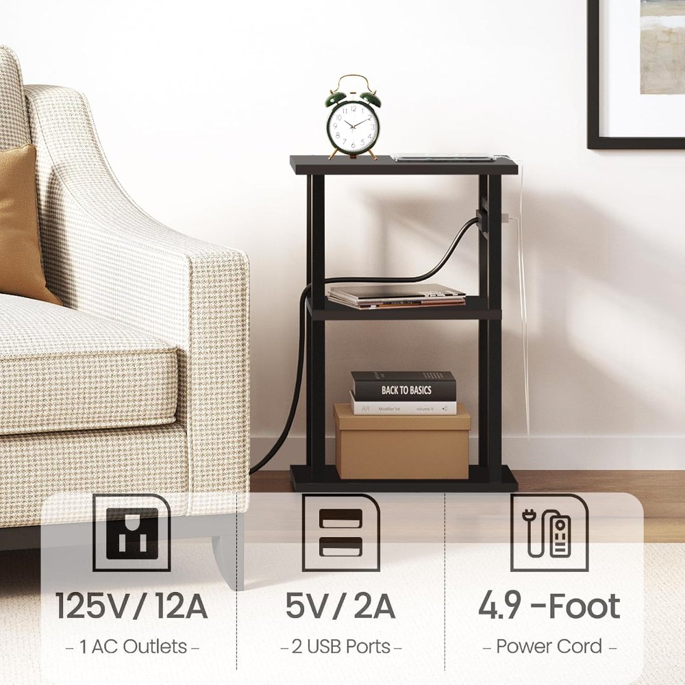 Small Narrow Side Table, with Charging Station, Black, view 6