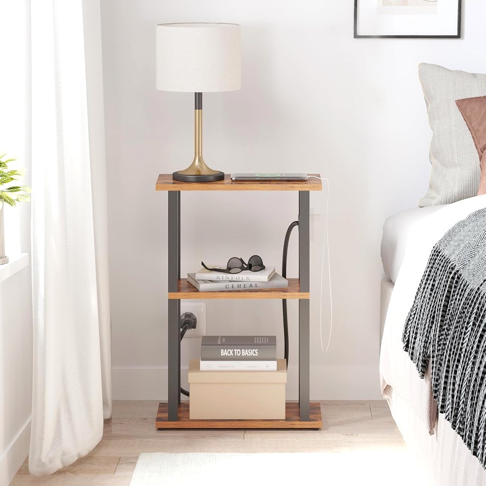 Small Narrow Side Table, with Charging Station, Brown, view 2