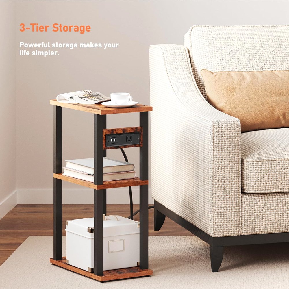 Small Narrow Side Table, with Charging Station, Brown, view 4