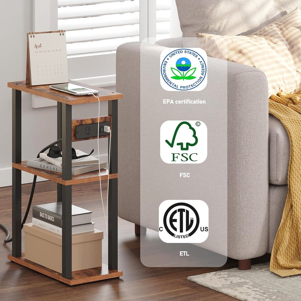 Small Narrow Side Table, with Charging Station, Brown, view 5