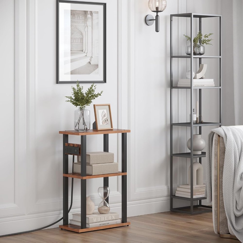 Small Narrow Side Table, with Charging Station, Brown, view 7