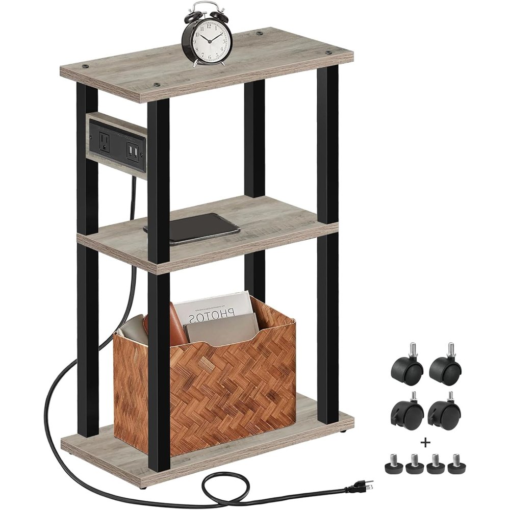 Small Narrow Side Table, with Charging Station, Greige