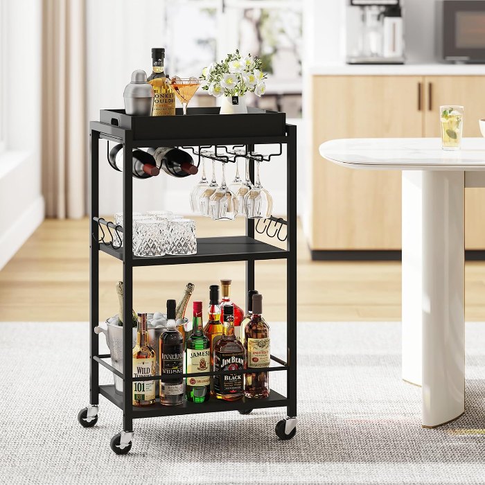 Bar Cart, with Wine Rack, Black