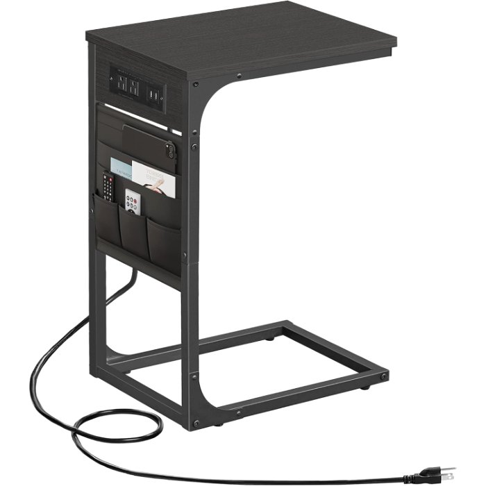 C Shaped End Table, with Charging Station, Black