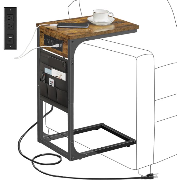 C Shaped End Table, with Charging Station, Brown