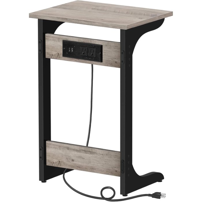 C Shaped End Table, with Charging Station, Greige
