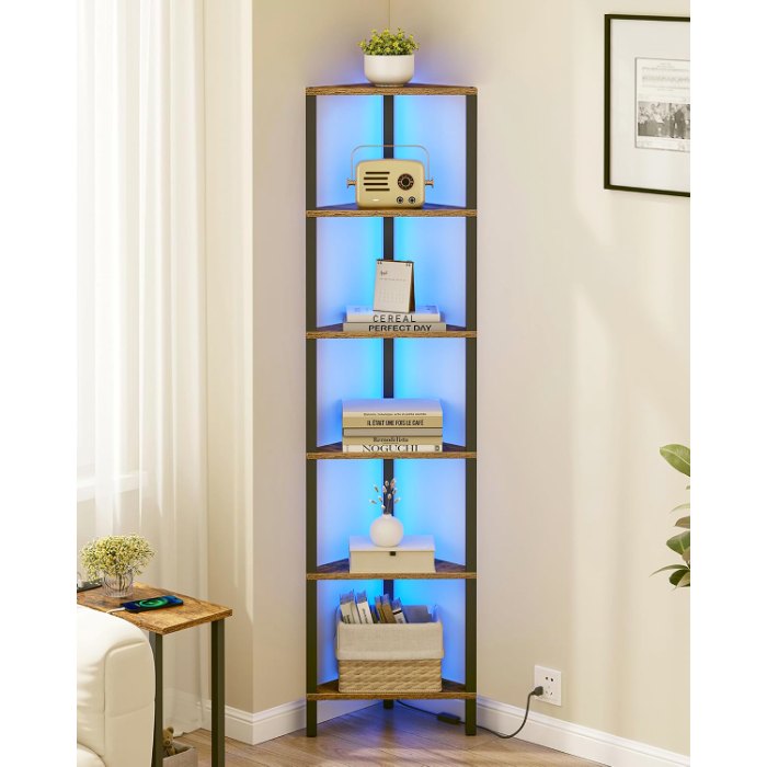 Corner Shelf, with LED, Rustic Brown
