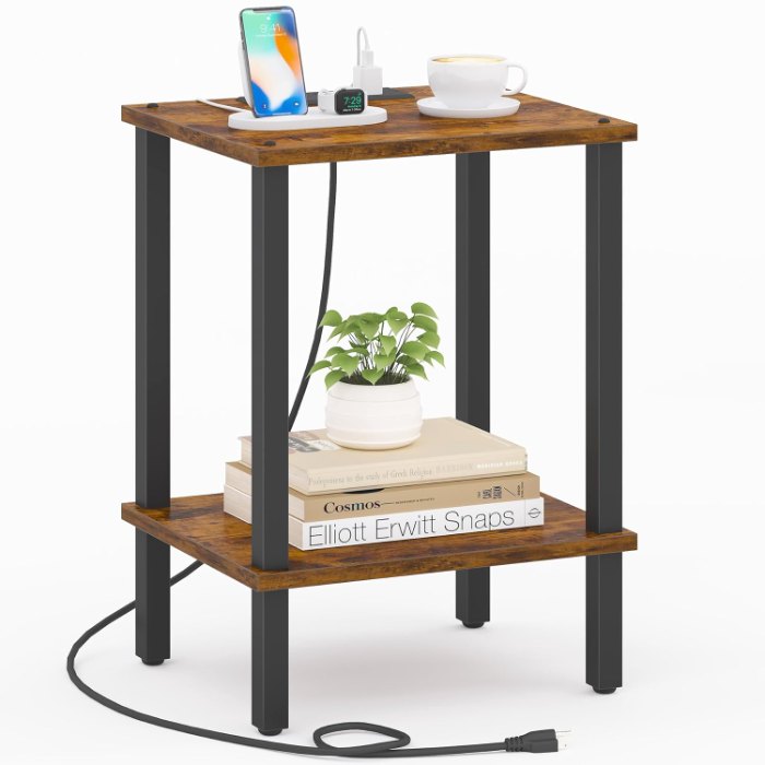 End Table, with Charging Station, Brown