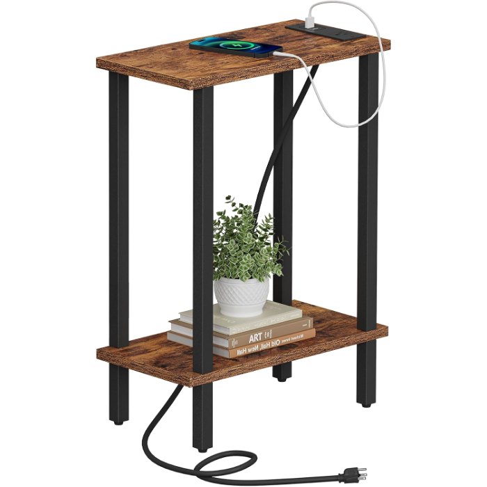 Narrow Side Table, with Charging Station, Brown