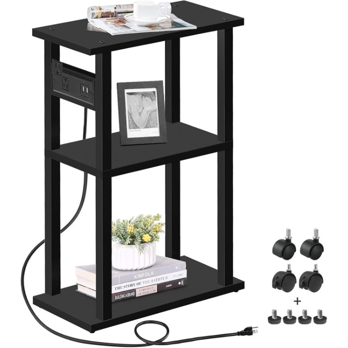 Small Narrow Side Table, with Charging Station, Black