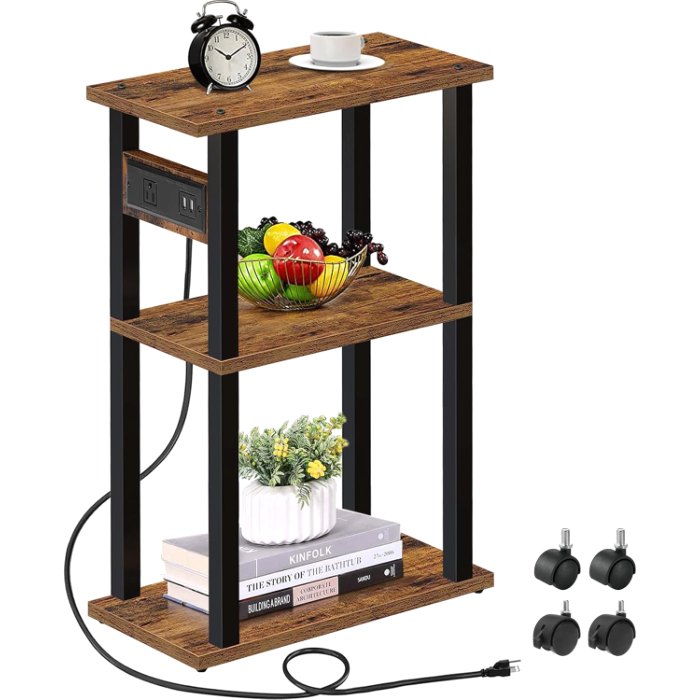Small Narrow Side Table, with Charging Station, Brown